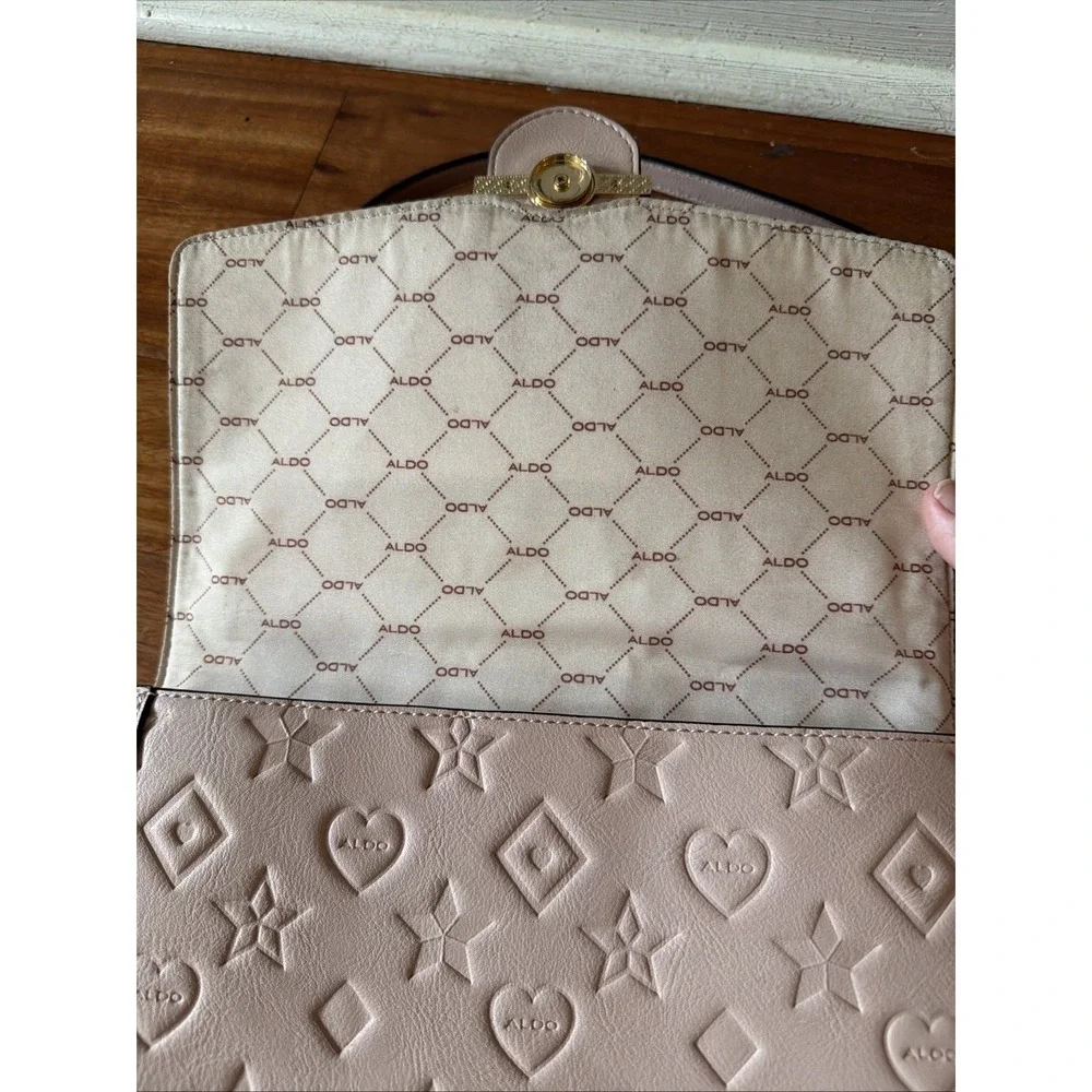 Aldo Blush Gold Satchel Handbag Logo Shape Printed Crossbody